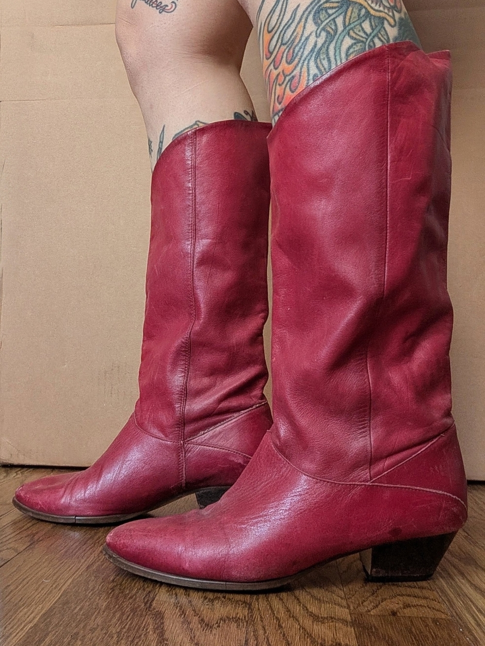 Women's Red Leather Mid-Calf Boots 7